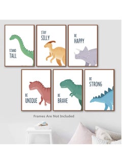 SYOSI 6 Pack Jungle Nursery Wall Decor Art Pictures, Safari Dinosaur Wall Prints Cartoon Animal Wall Murals Poster for Baby Kids Bedroom Living Room Bathroom-30x21cm Wall Decor Unframed  - Image 1