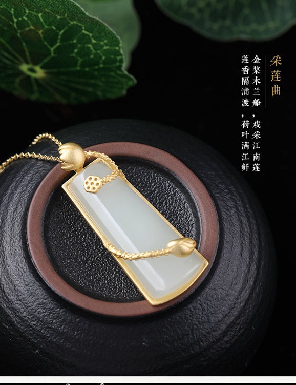 Generic New Chinese Style National Fashion Retro Style White Jade Pendant with Certificate 925 Silver Plated Gold Lotus Canopy Inlaid with Hetian Jade Pendant for Women Pendant Necklace 