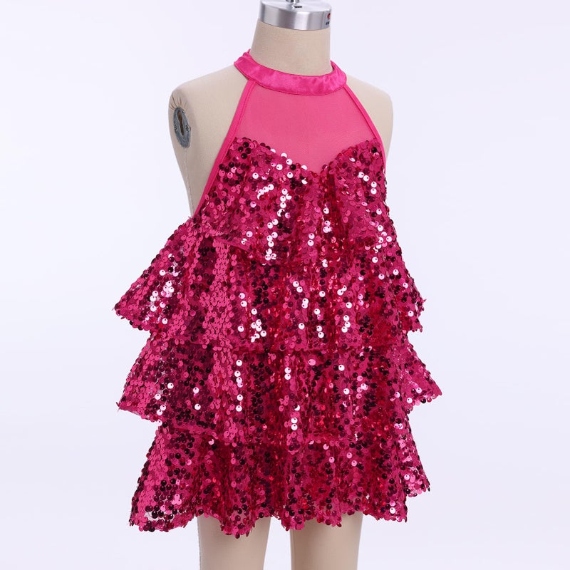 ODASDO Girls Sparkle Sequins Dance Dress Outfit Kids Latin Hip Hop Jazz Dancewear Halter Neck Sleeveless Top with Shorts Set Cheerleader Stage Performance Cheerleading Sports Suit Hot Pink 8-9 Years - Image 3