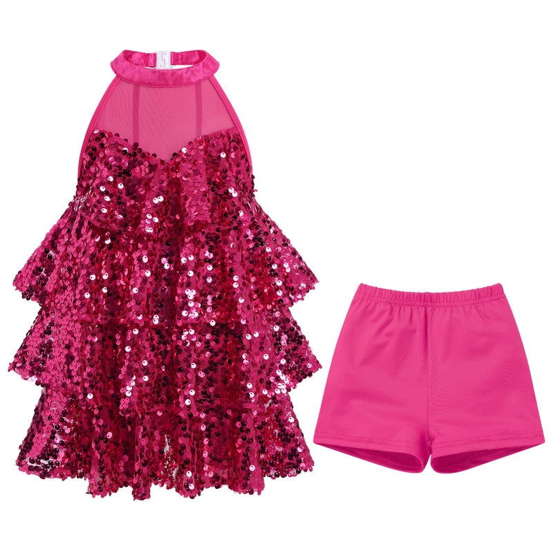 ODASDO Girls Sparkle Sequins Dance Dress Outfit Kids Latin Hip Hop Jazz Dancewear Halter Neck Sleeveless Top with Shorts Set Cheerleader Stage Performance Cheerleading Sports Suit Hot Pink 8-9 Years - Image 1