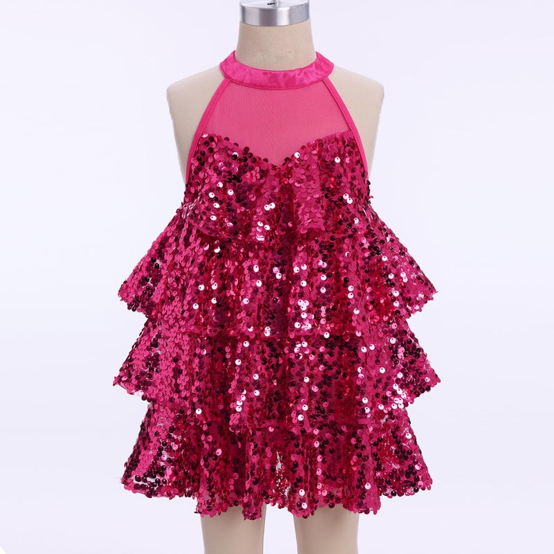 ODASDO Girls Sparkle Sequins Dance Dress Outfit Kids Latin Hip Hop Jazz Dancewear Halter Neck Sleeveless Top with Shorts Set Cheerleader Stage Performance Cheerleading Sports Suit Hot Pink 8-9 Years - Image 2