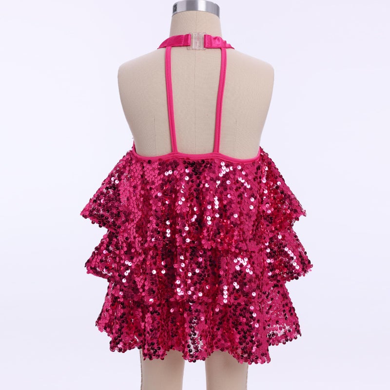 ODASDO Girls Sparkle Sequins Dance Dress Outfit Kids Latin Hip Hop Jazz Dancewear Halter Neck Sleeveless Top with Shorts Set Cheerleader Stage Performance Cheerleading Sports Suit Hot Pink 8-9 Years - Image 4