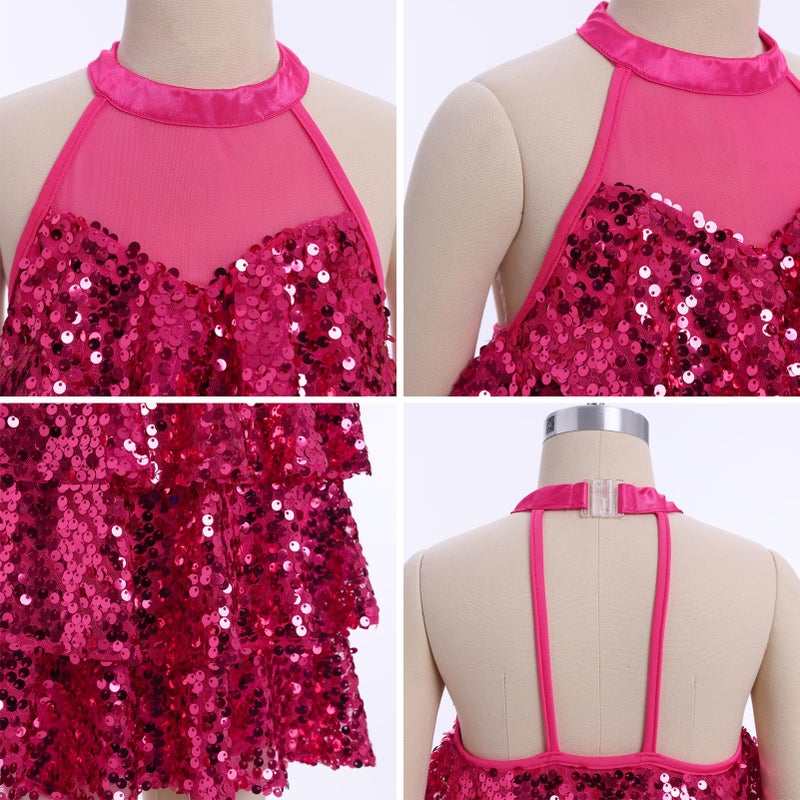 ODASDO Girls Sparkle Sequins Dance Dress Outfit Kids Latin Hip Hop Jazz Dancewear Halter Neck Sleeveless Top with Shorts Set Cheerleader Stage Performance Cheerleading Sports Suit Hot Pink 8-9 Years - Image 5