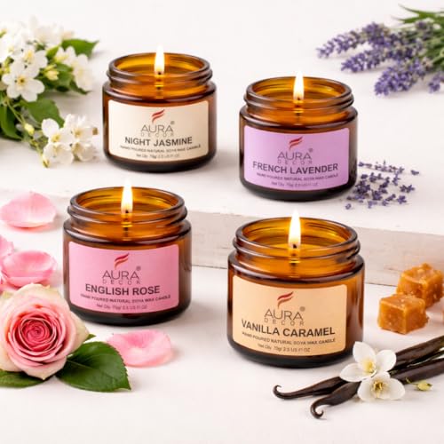 AURA DECOR AuraDecor Set of 4 Scented Amber Jar Candles in Soy Wax || Burning Time 25 Hours Each || Soy Wax || Paraben Free || EnglishRose, Vanilla Caramel, Night Jasmine, French Lavender (Pack of 8) - Image 5