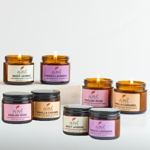 AURA DECOR AuraDecor Set of 4 Scented Amber Jar Candles in Soy Wax || Burning Time 25 Hours Each || Soy Wax || Paraben Free || EnglishRose, Vanilla Caramel, Night Jasmine, French Lavender (Pack of 8) - Image 2