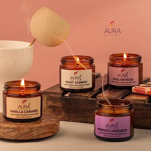 AURA DECOR AuraDecor Set of 4 Scented Amber Jar Candles in Soy Wax || Burning Time 25 Hours Each || Soy Wax || Paraben Free || EnglishRose, Vanilla Caramel, Night Jasmine, French Lavender (Pack of 8) - Image 3