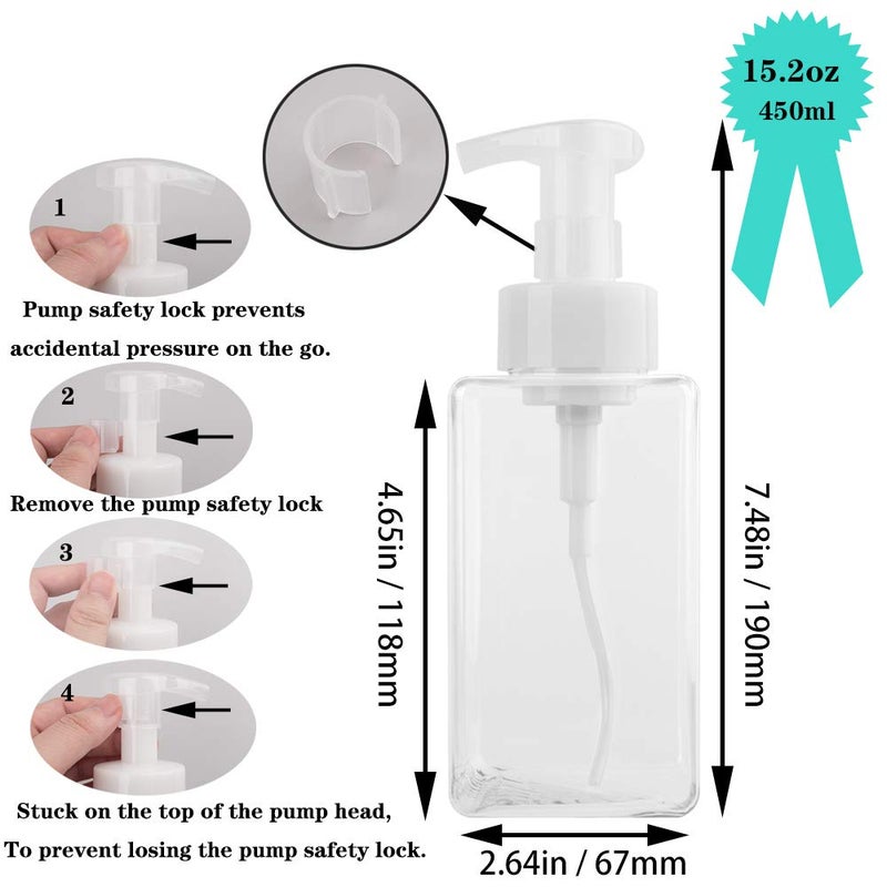 rejomiik 2 Pack Foaming Soap Dispenser 15oz Refillable Foam Liquid Hand Soap Empty Plastic Pump Bottle Container for Bathroom Vanities, Kitchen Sink, Hospital, Clinic, Clear 450ml - Image 2