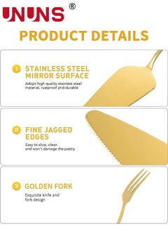 UNUNS Cake Knife And Fork Set,Stainless Steel Pizza Server With 6 Forks,Cake Shovel Dessert Fork Sets For Wedding Birthday Parties Events,Golden  - Image 5