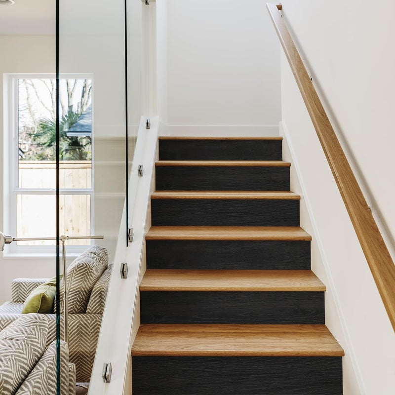 funlife 14 Strips Faux Black Wood Stair Riser Decals Peel and Stick, Black Stair Riser Stickers Self Adhesive Vinyl Stairway Stickers for Entryway, Staircase Step Decals for Home Decor, 7.09â€œ x 47.24" - Image 1