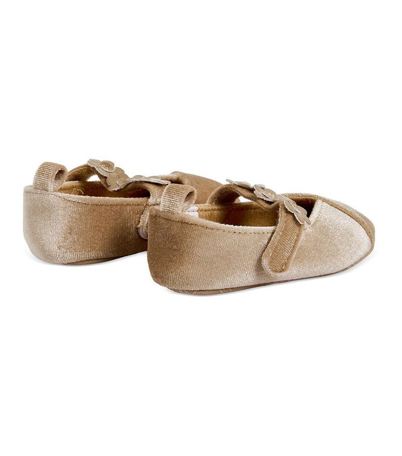 The Mom Store Velvet Shoe With Patent Pu Flowers On Strap - Beige - Image 2