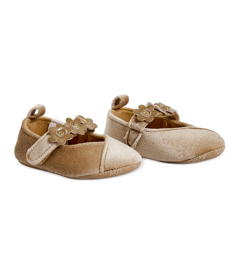 The Mom Store Velvet Shoe With Patent Pu Flowers On Strap - Beige - Image 1