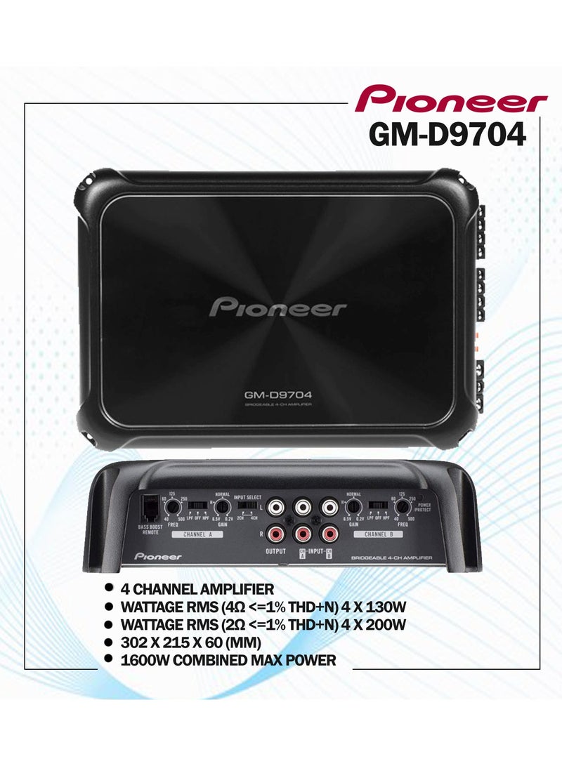 بايونير GM-D9704 مضخم صوت سيارة 1600 واط 4 قنوات Class-D | قدرة RMS ‏130 واط ×4 عند 4 أوم و200 واط ×4 عند 2 أوم | أمبليفاير احترافي مع تعزيز البيس - Image 2