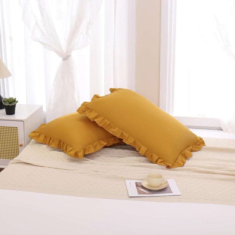 Merryword Mustard Yellow Pillowcases QueenPillowcases Set of 2 Ruffle Pillow Shams Cute Pillow Covers Solid Ruffled Fringe Design Yellow Shabby Chic Pillowcases 2 Pack - Image 4