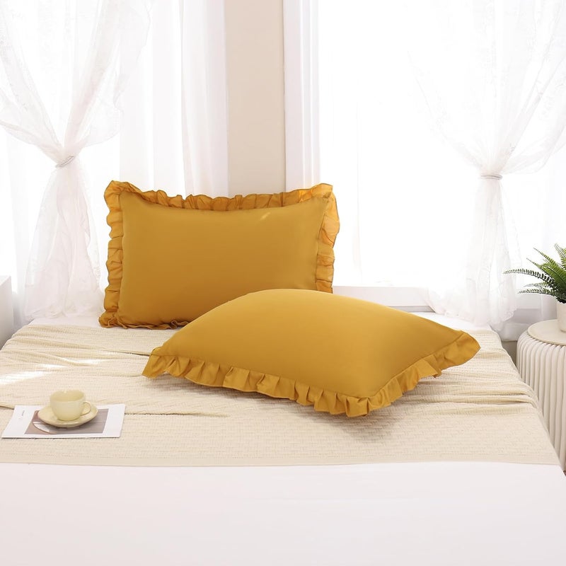 Merryword Mustard Yellow Pillowcases QueenPillowcases Set of 2 Ruffle Pillow Shams Cute Pillow Covers Solid Ruffled Fringe Design Yellow Shabby Chic Pillowcases 2 Pack - Image 1