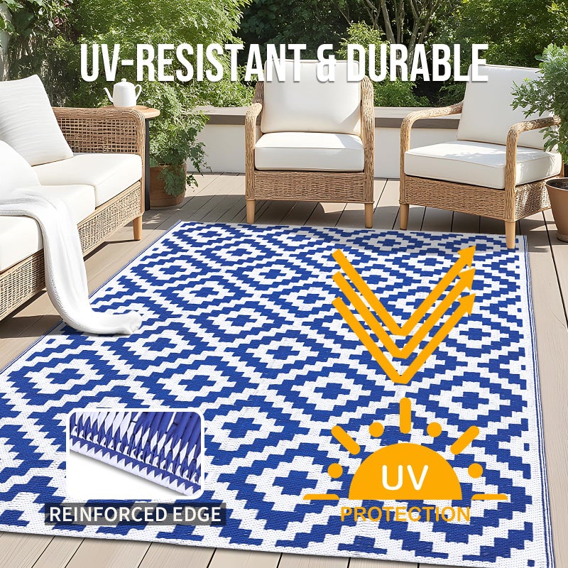 OLANLY Waterproof Outdoor Rug 5x8 ft, Outdoor Plastic Straw Rug for Camping, RV Mat Outside, Outdoor Carpet for Porch, Deck, Backyard, Balcony, Picnic, Blue & White - Image 4