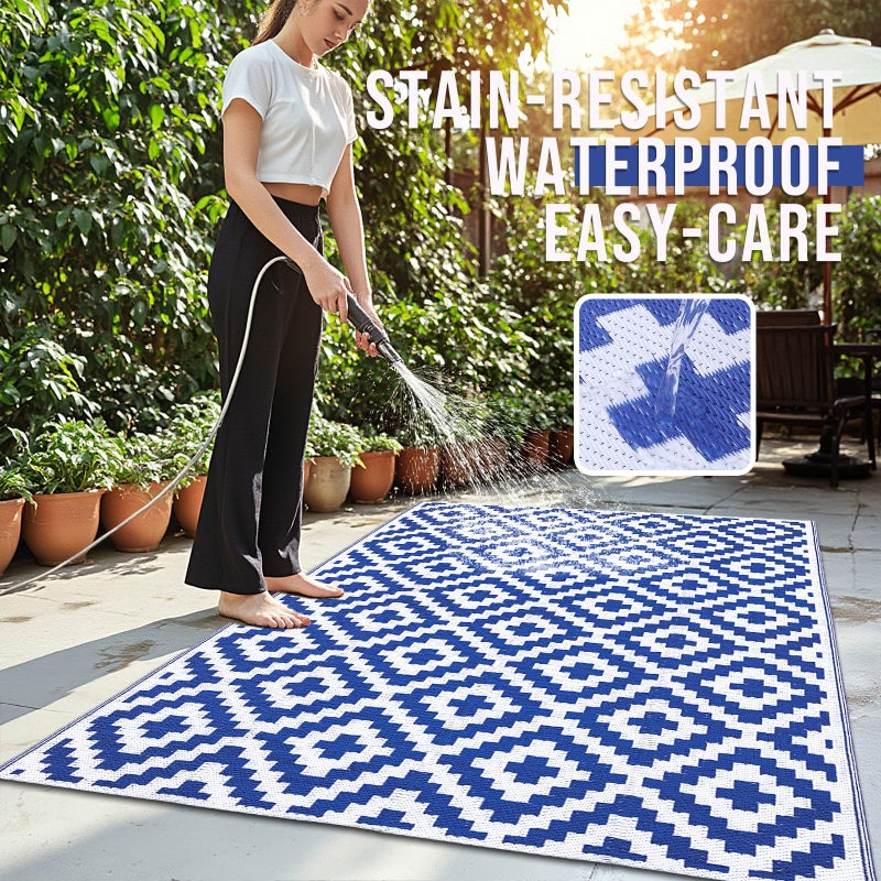 OLANLY Waterproof Outdoor Rug 5x8 ft, Outdoor Plastic Straw Rug for Camping, RV Mat Outside, Outdoor Carpet for Porch, Deck, Backyard, Balcony, Picnic, Blue & White - Image 3