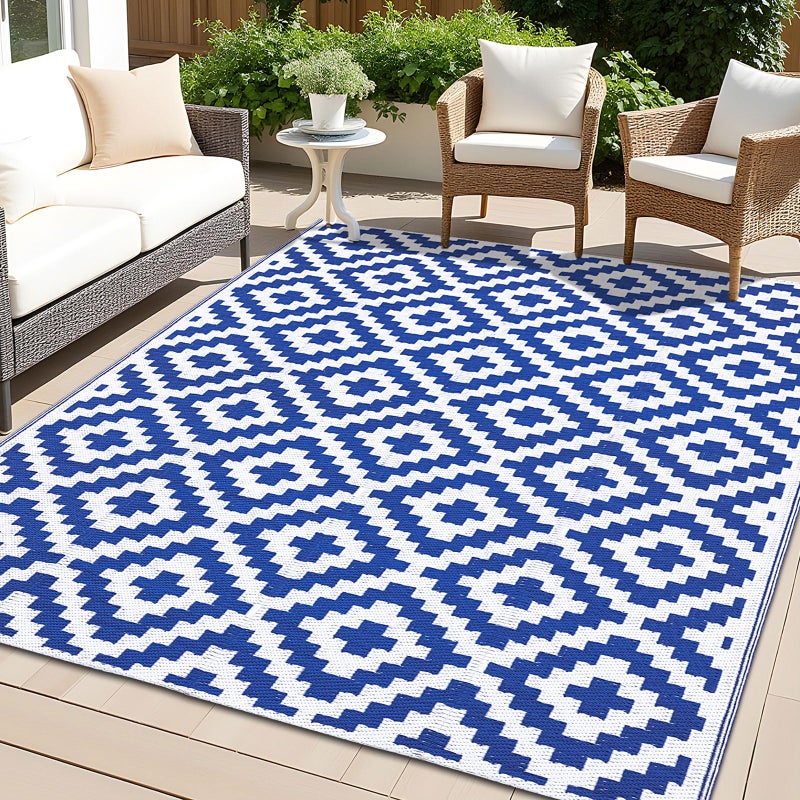OLANLY Waterproof Outdoor Rug 5x8 ft, Outdoor Plastic Straw Rug for Camping, RV Mat Outside, Outdoor Carpet for Porch, Deck, Backyard, Balcony, Picnic, Blue & White - Image 1