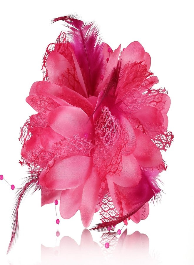 Merdia 4.72 Inches Elegant Hair Clip Large Flower Brooches for Women | Flower Mesh Ponytail Holder & Hair Clips for Wedding | Charming Floral Lapel & Brooch Pins for Women Fashion (Pink) - Image 1