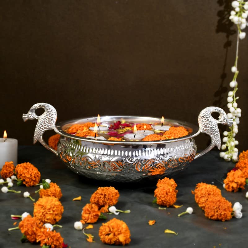 JAIPUR ACE JAIPUR ACE Decorative Pure Brass Silver Plated Urli with Peacock Handle l Urli for Home Decor l Ideal for Gifting and Pooja and Decoration l Weight 750 gm 8 Diameter Urli 45 Height - Image 1