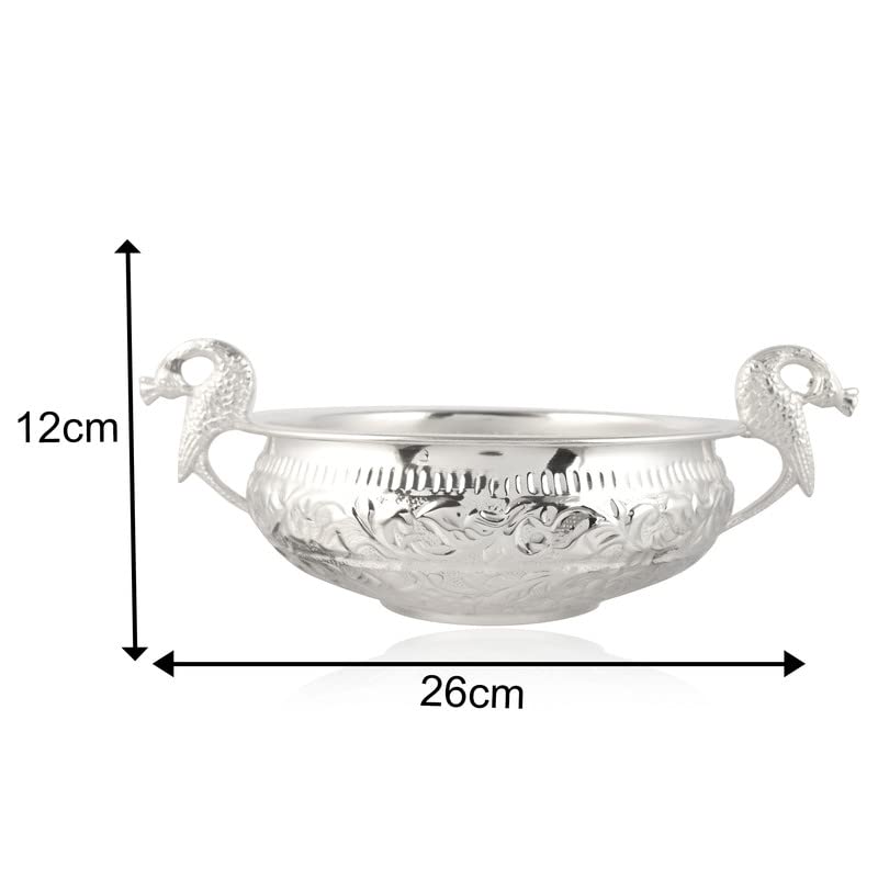 JAIPUR ACE JAIPUR ACE Decorative Pure Brass Silver Plated Urli with Peacock Handle l Urli for Home Decor l Ideal for Gifting and Pooja and Decoration l Weight 750 gm 8 Diameter Urli 45 Height - Image 3