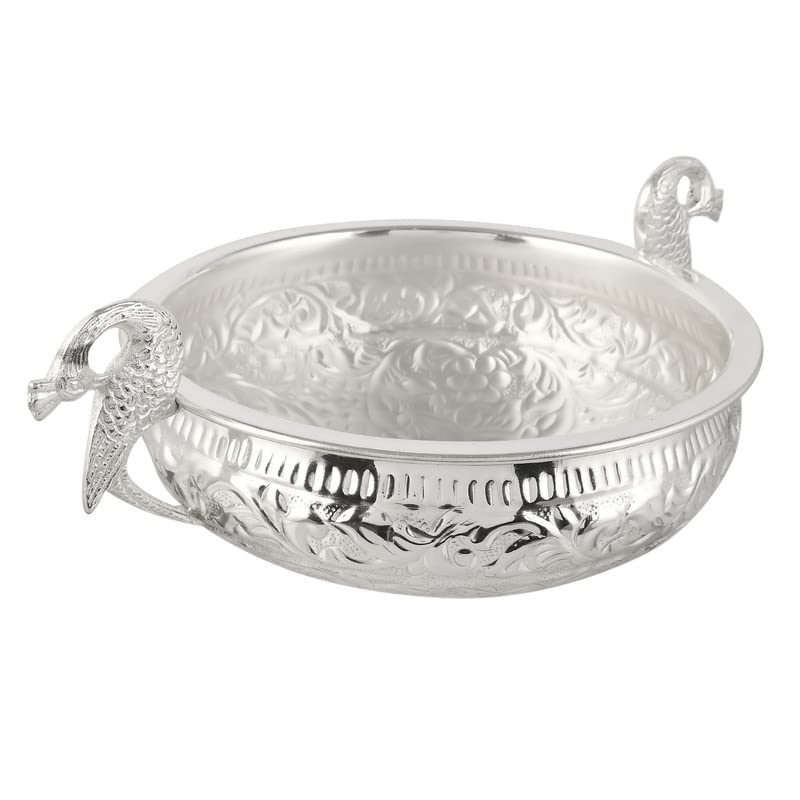 JAIPUR ACE JAIPUR ACE Decorative Pure Brass Silver Plated Urli with Peacock Handle l Urli for Home Decor l Ideal for Gifting and Pooja and Decoration l Weight 750 gm 8 Diameter Urli 45 Height - Image 5