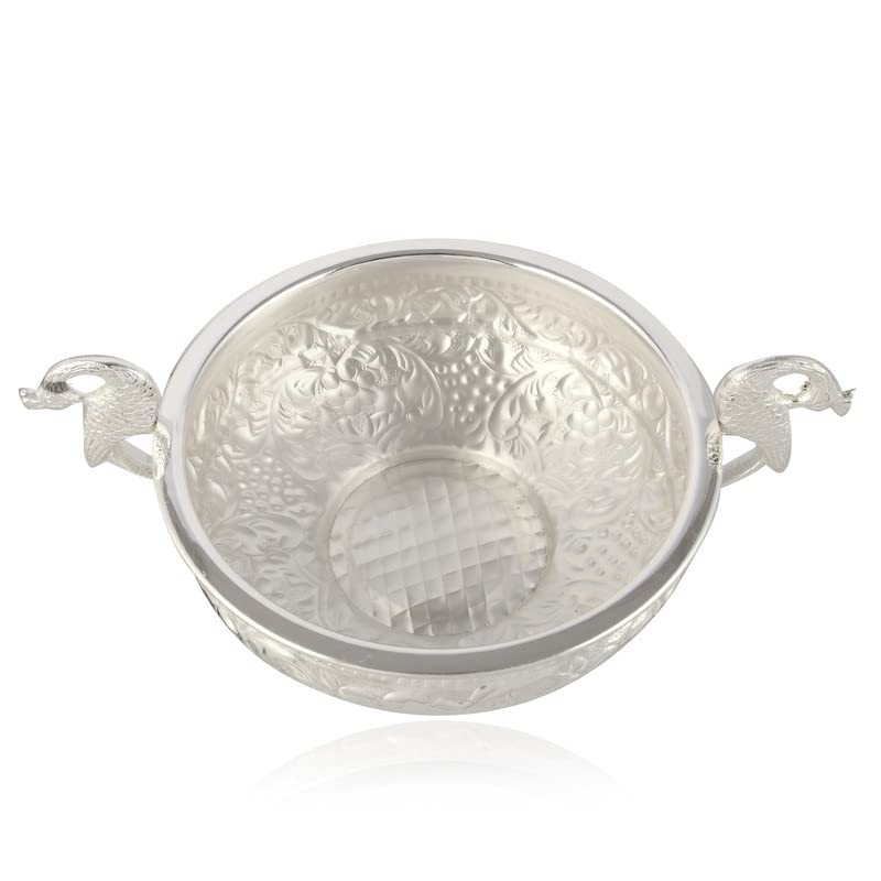 JAIPUR ACE JAIPUR ACE Decorative Pure Brass Silver Plated Urli with Peacock Handle l Urli for Home Decor l Ideal for Gifting and Pooja and Decoration l Weight 750 gm 8 Diameter Urli 45 Height - Image 4