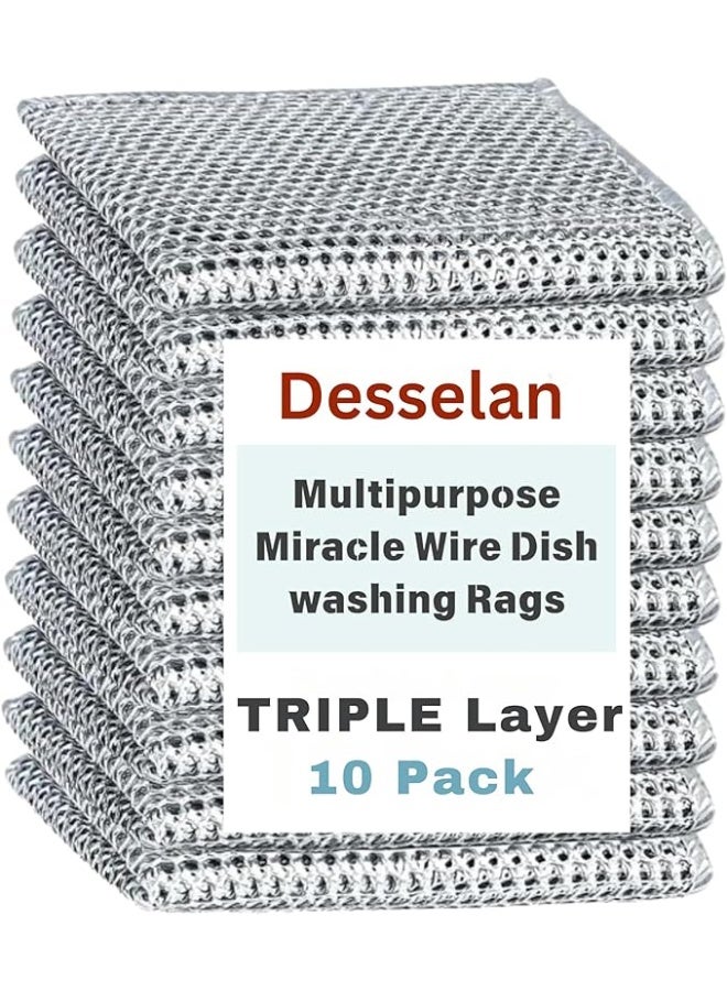 Non-Scratch Wire Dishwashing Rags – 10 Pcs Triple-Layer Reusable Dishcloths for Kitchen Cleaning, Pots, Pans & Sinks