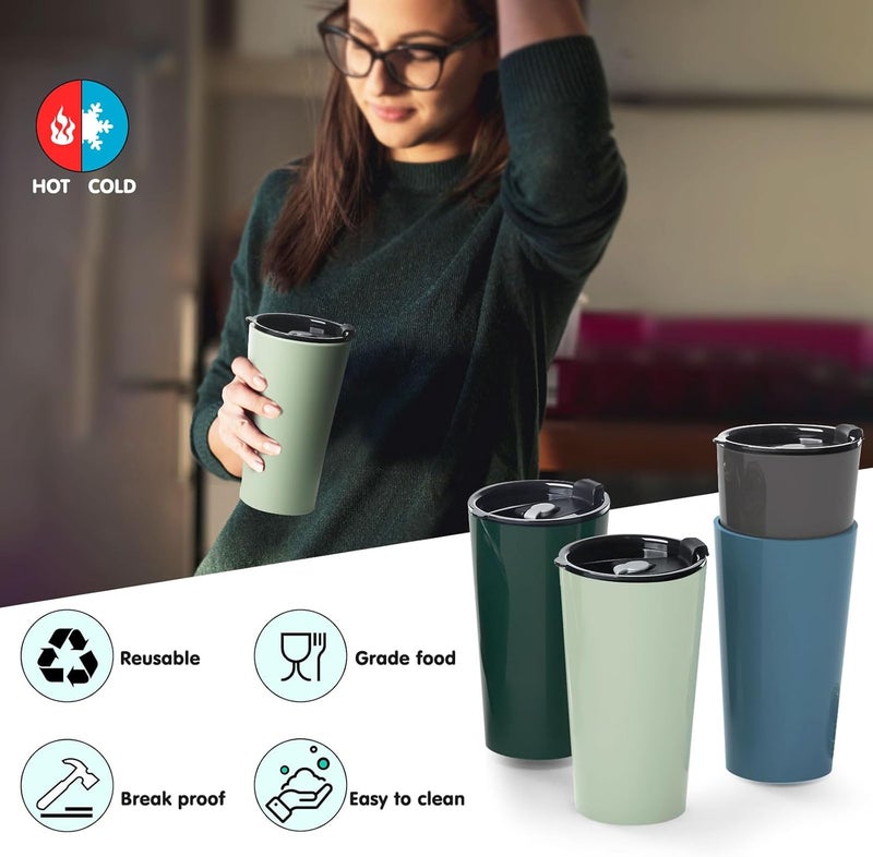 Greentainer 4 Pack Plastic Travel Coffee Mug Set, 20 oz Spill Proof Drinking Cups with Lids, Pobtable to Go Camping Coffee Tumbler Reusable Coffee Mugs with Lids, Dishwasher & Microwave Safe - Image 3