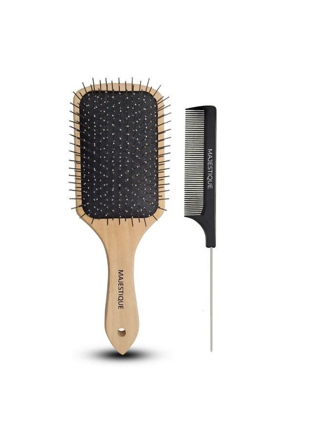 MAJESTIQUE - Wood Hair Brush And Detangle Tail Comb Instead Of Brush Cleaner Tool Flat Hair Brush Eco Friendly For Women Men And Kids Make Thin Long Curly Hair Health And Massage Scalp - Image 1