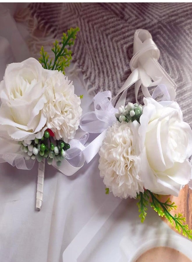 Jilukibo White Corsage and Boutonniere Set Prom Suit, Artificial Rose Flower Bridesmaid Wrist Corsage Wristband for Groom Groomsmen, Bride Bridal Hand Ribbon Bracelet for Wedding Party Decor (2 Pack) - Image 3
