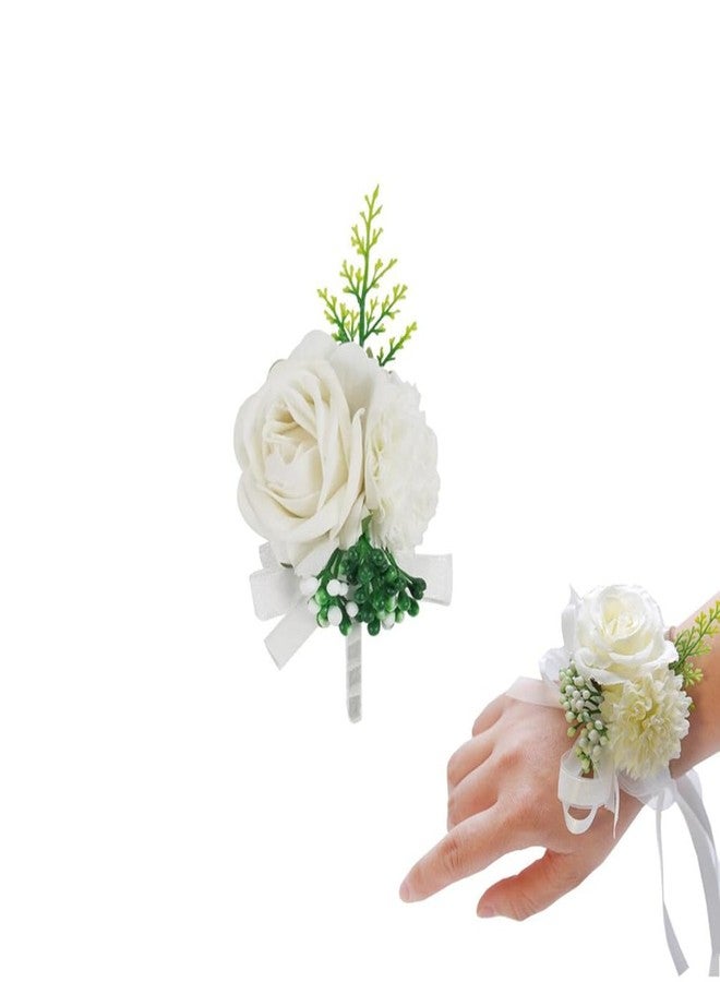Jilukibo White Corsage and Boutonniere Set Prom Suit, Artificial Rose Flower Bridesmaid Wrist Corsage Wristband for Groom Groomsmen, Bride Bridal Hand Ribbon Bracelet for Wedding Party Decor (2 Pack) - Image 1