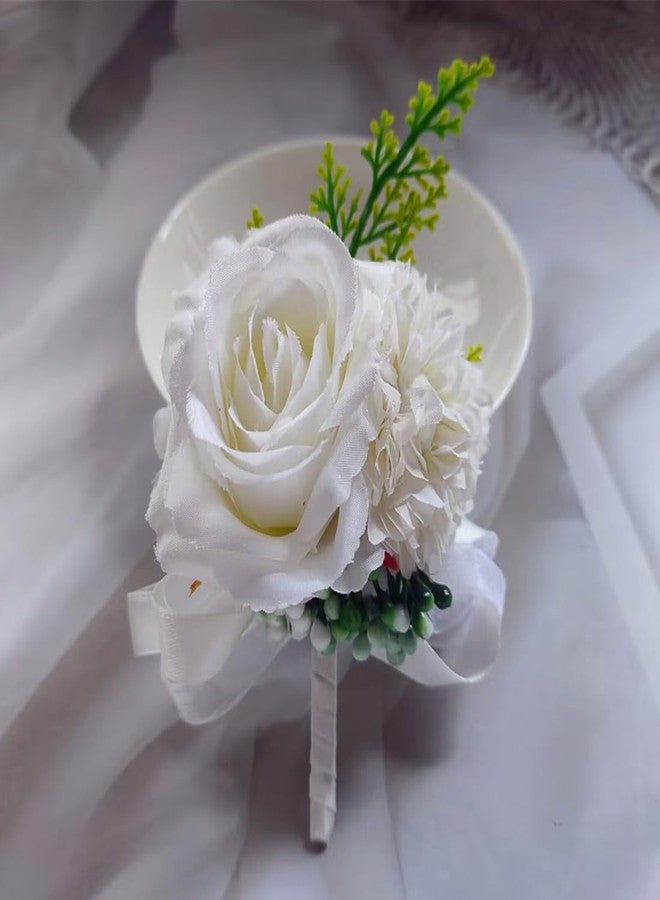 Jilukibo White Corsage and Boutonniere Set Prom Suit, Artificial Rose Flower Bridesmaid Wrist Corsage Wristband for Groom Groomsmen, Bride Bridal Hand Ribbon Bracelet for Wedding Party Decor (2 Pack) - Image 5