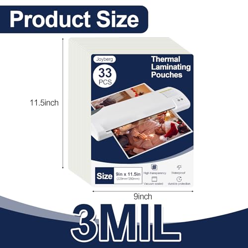 Joyberg 33 PCS Laminating Sheets 9”x11.5”, Thermal Laminating Pouches, 3mil Plastic Paper Laminate Sheets, Laminator Sheets Plasticized Craft Office and School Supplies, Lamination Sheets for 8.5”x11” Paper - Image 2