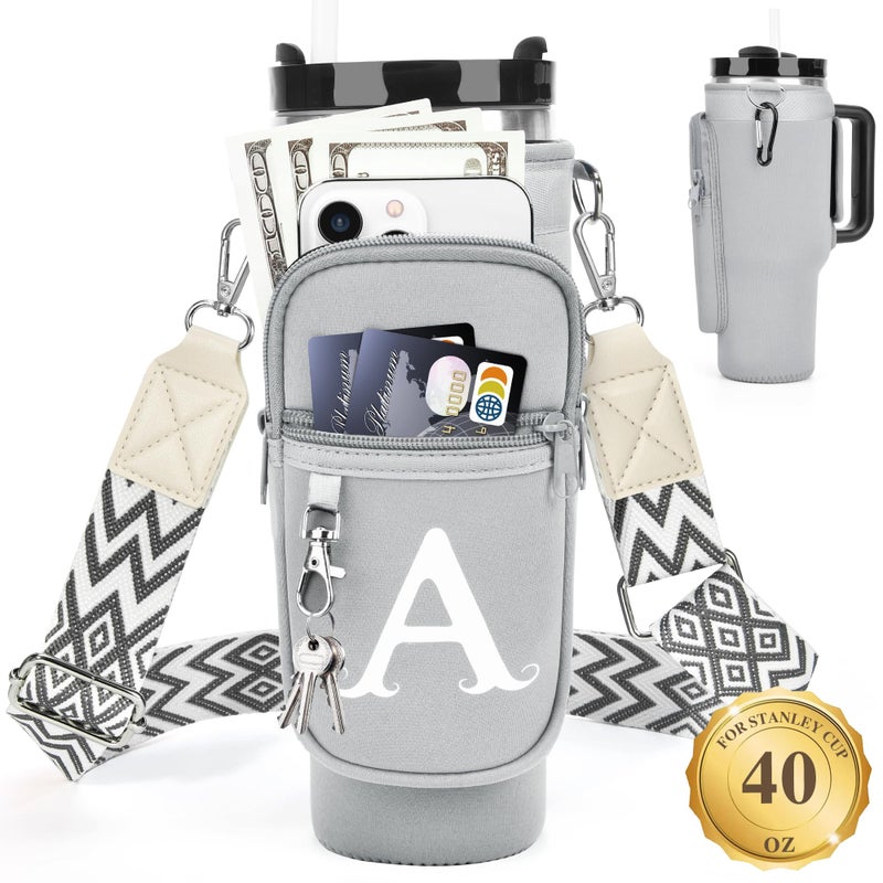 LOKASS Personalized Water Bottle Holder with Strap for Stanley Cup Accessories 40 oz Initial for Stanley Cup Holder Carrier Bag with Phone Pocket Everyday Carry Tumbler Accessories Gray - Image 2
