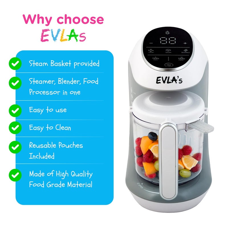 EVLA'S Baby Food Maker, Steamer, Blender, Baby Food Processor for Healthy Homemade Baby Food in Minutes, Touch Screen with 6 Reusable Food Pouches, Baby Registry Essential, White - Image 3