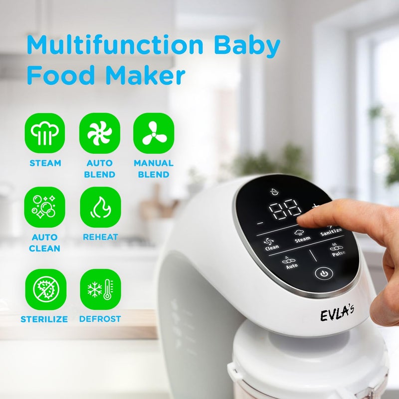 EVLA'S Baby Food Maker, Steamer, Blender, Baby Food Processor for Healthy Homemade Baby Food in Minutes, Touch Screen with 6 Reusable Food Pouches, Baby Registry Essential, White - Image 5