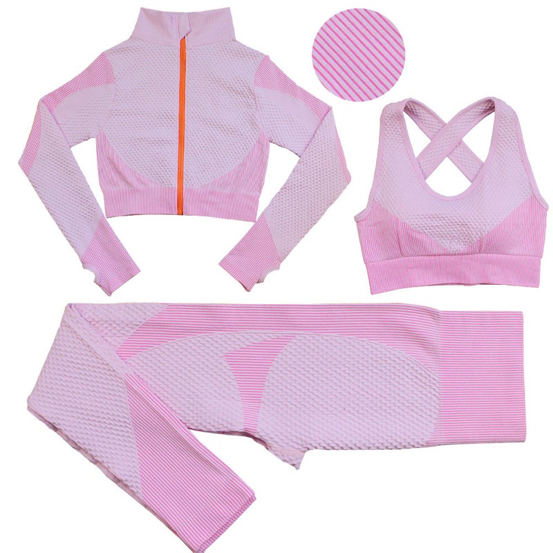 Striped Seamless Yoga Suit Long Pants Bra Set Rose powder  - Image 1