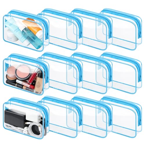 Eilyliafe 12PCS Clear Makeup Bag Transparent PVC Makeup Bag Waterproof Plastic Zipper Pouches Travel Toiletry Organizer Cosmetic Storage Case for Women Traveling Bathroom (Blue, Medium) - Image 1