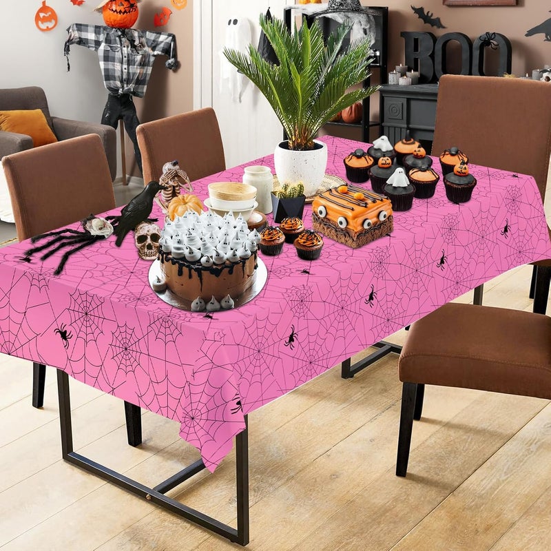Litmitfu 2 Pcs Halloween Tablecloth - Plastic Halloweens Spider Webs Table Cloth, Pink Disposable Rectangle Spiderweb Table Cover for Halloween Party Decorations Supplies Favors Tables Decor, 108 x 54 Inch - Image 2