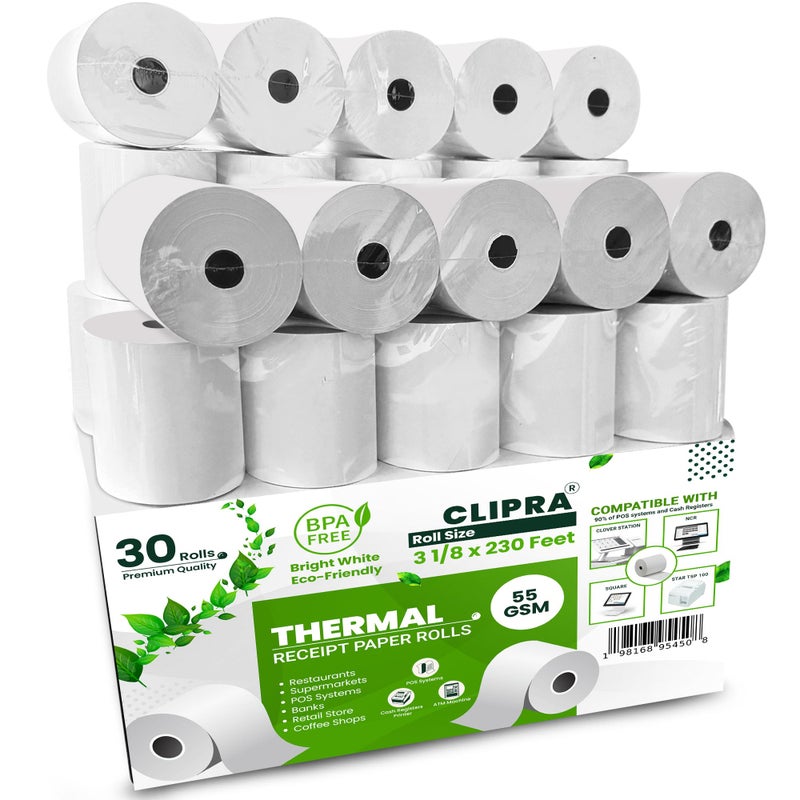 Clipra 3 1/8 x 230ft Thermal Paper Receipt Rolls (30 PACK) 55 GSM - Compatible with ALL POS Systems, Cash Registers - BPA Free, Premium Quality Receipt Paper Rolls - Image 1