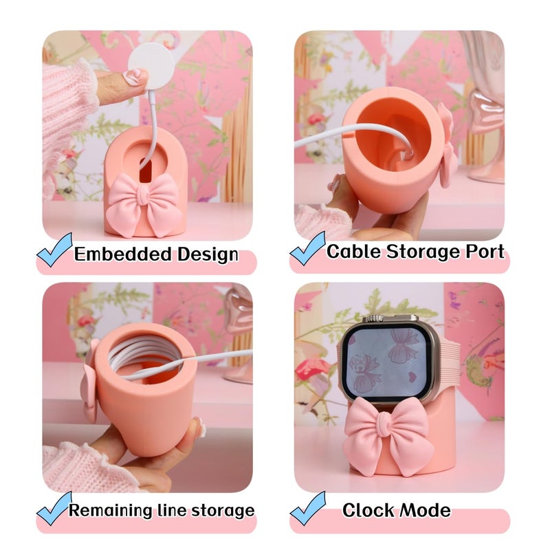 QLD COVER Charger Dock for Apple Watch Ultra/10/9/8/7/6/5/4/3/2/1/SE2/SE, iWatch Cute 3D Bow Tie Silicone Charging Desk Stand Holder, Pink Bow - Image 5