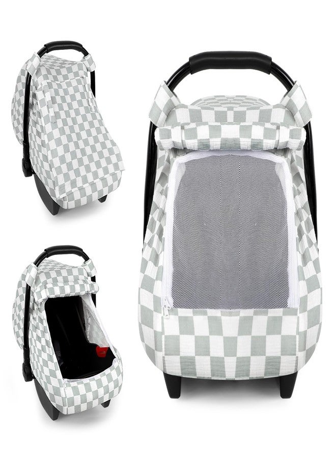 DILIMI Car Seat Covers for Babies, Muslin Cotton Baby Car Seat Cover with Breathable Mesh Window, Summer Infant Car Seat Canopy for Boys Girls Newborn, Green Checkered - Image 1