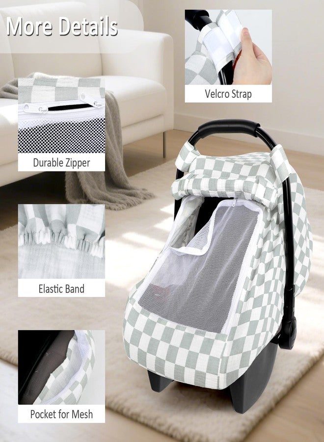 DILIMI Car Seat Covers for Babies, Muslin Cotton Baby Car Seat Cover with Breathable Mesh Window, Summer Infant Car Seat Canopy for Boys Girls Newborn, Green Checkered - Image 4