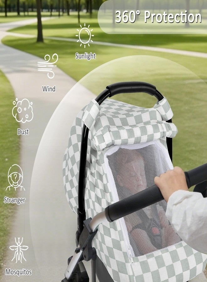 DILIMI Car Seat Covers for Babies, Muslin Cotton Baby Car Seat Cover with Breathable Mesh Window, Summer Infant Car Seat Canopy for Boys Girls Newborn, Green Checkered - Image 2