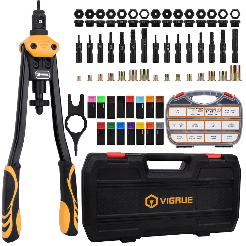 VIGRUE 16 Rivet Nut Tool Kit Nutserts Rivnut Hand Tool Set with 15PCS Metric SAE Mandrels and 300PCS Rivet Nuts Assortment Rivnut Tool with Rugged Carrying Case for Automotive Home DIY - Image 2