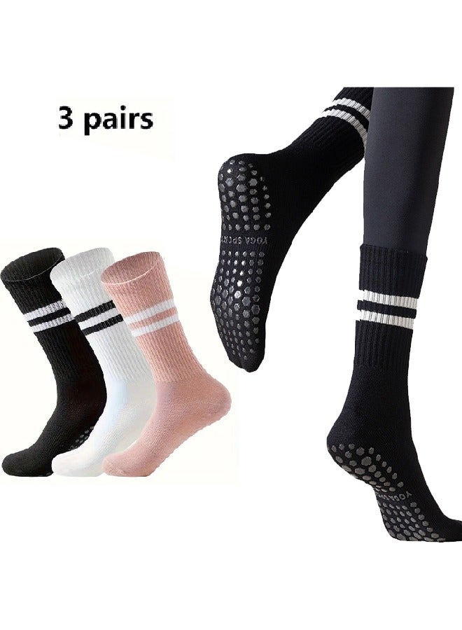 Non Slip Socks Women Fashion All Season Socks Sports Casual Simple Striped Colors for Pilates Yoga Barre Ballet Dance Fitness Football Hospital Mid-Tube Socks Free Size 3-Pair - Image 1