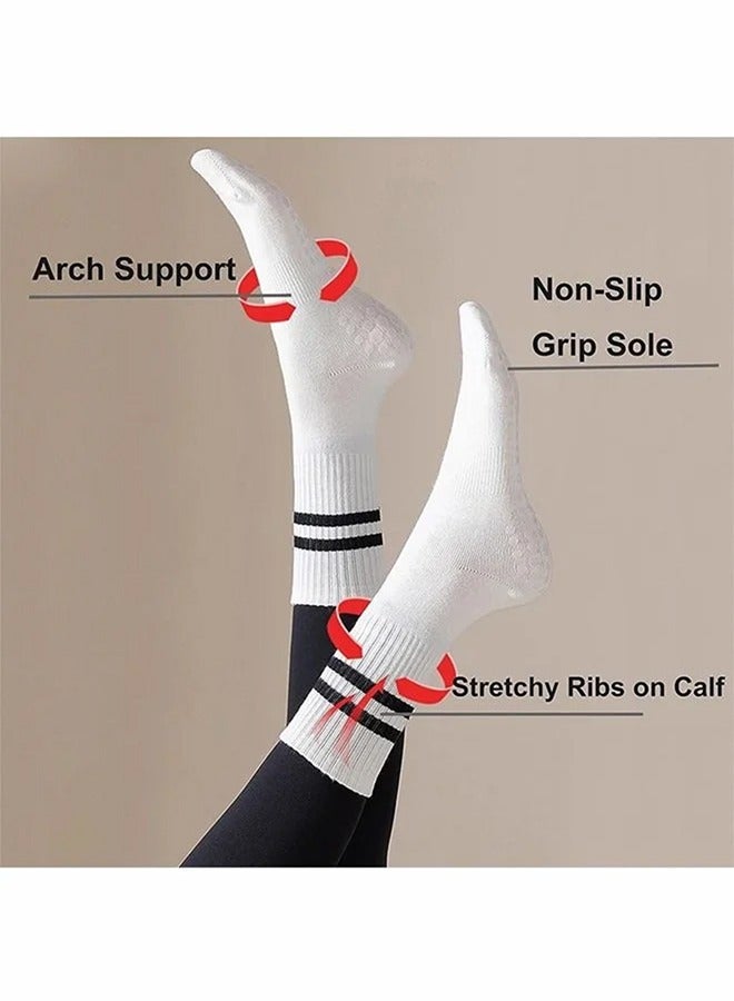 Non Slip Socks Women Fashion All Season Socks Sports Casual Simple Striped Colors for Pilates Yoga Barre Ballet Dance Fitness Football Hospital Mid-Tube Socks Free Size 3-Pair - Image 5