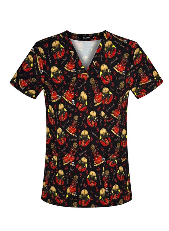 Loquat Unisex Printed V-Neck Medical Uniform Scrubs Top Comfty Soft Workwear 