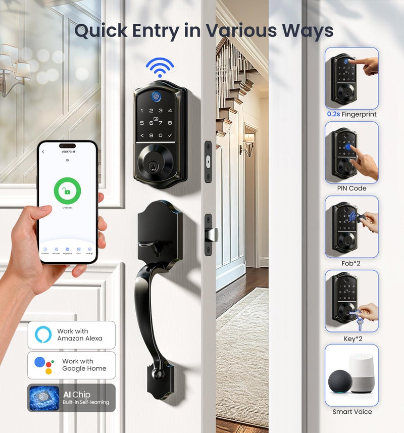 Veise VE017G-H Wi-Fi Smart Fingerprint Front Door Lock Set, Remote App Control, Keyless Entry Deadbolt with Handle, Backlit Keypad, IP55 Weatherproof, Auto Lock, Easy to Install, Matte Black - Image 2