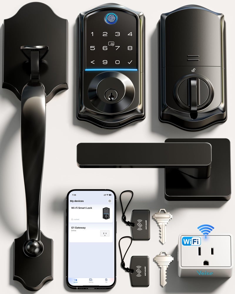 Veise VE017G-H Wi-Fi Smart Fingerprint Front Door Lock Set, Remote App Control, Keyless Entry Deadbolt with Handle, Backlit Keypad, IP55 Weatherproof, Auto Lock, Easy to Install, Matte Black - Image 1